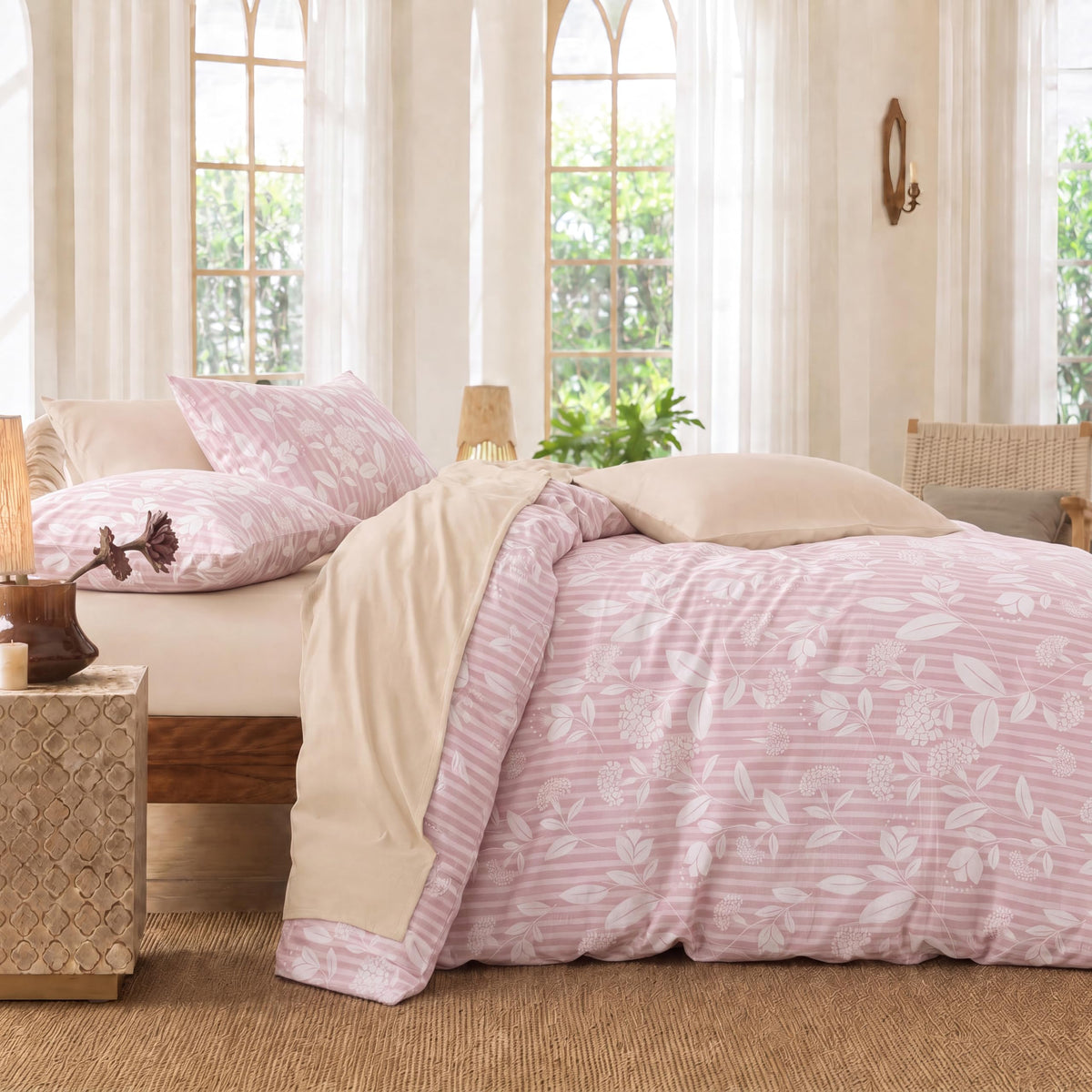Pink Floral Duvet Cover Set, Blush Pink Leaf Floral Stripe Duvet Cover Set, 3 Piece 100% Cotton Soft