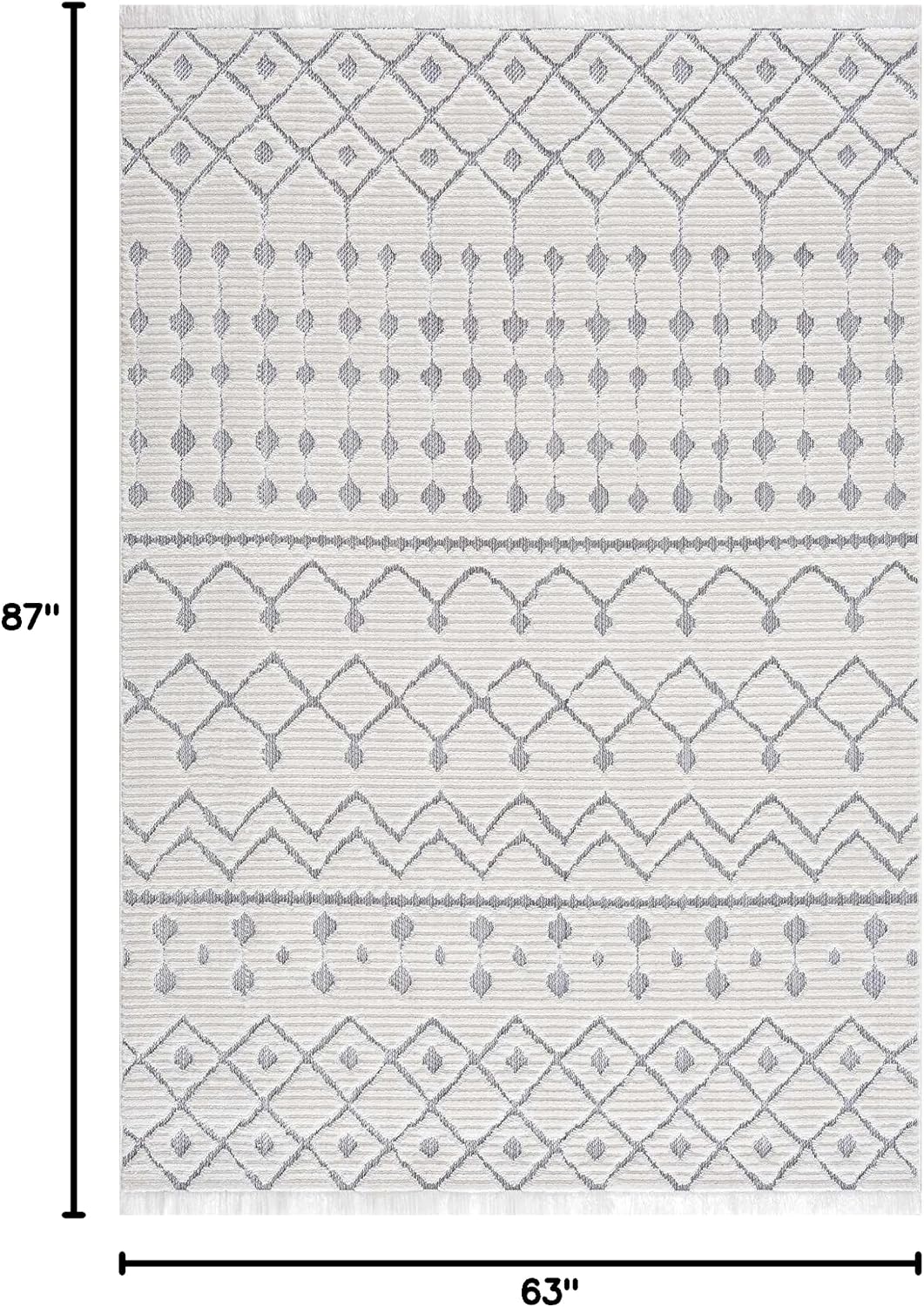 Trellisade Collection Living Room Area Rug - Moroccan Trellis Farmhouse - High Low Fringe Carpet - White, Cream, Gray