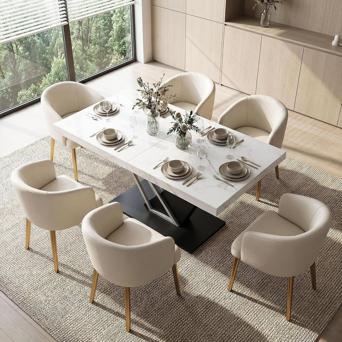 59'' to 78.7'' Extendable Dining Table for 4-8, Faux Marble Expandable Kitchen Table with Sturdy Metal Base