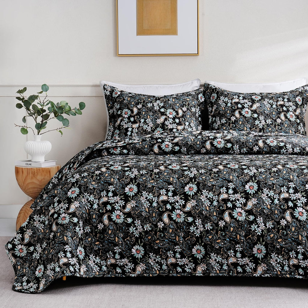 Black Paisley Floral Quilt Set, Microfiber Quilted Blanket