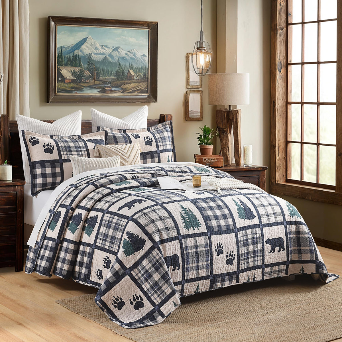 Bear Patchwork Quilt Set - Rustic Cabin Bedding Navy 3 Pieces