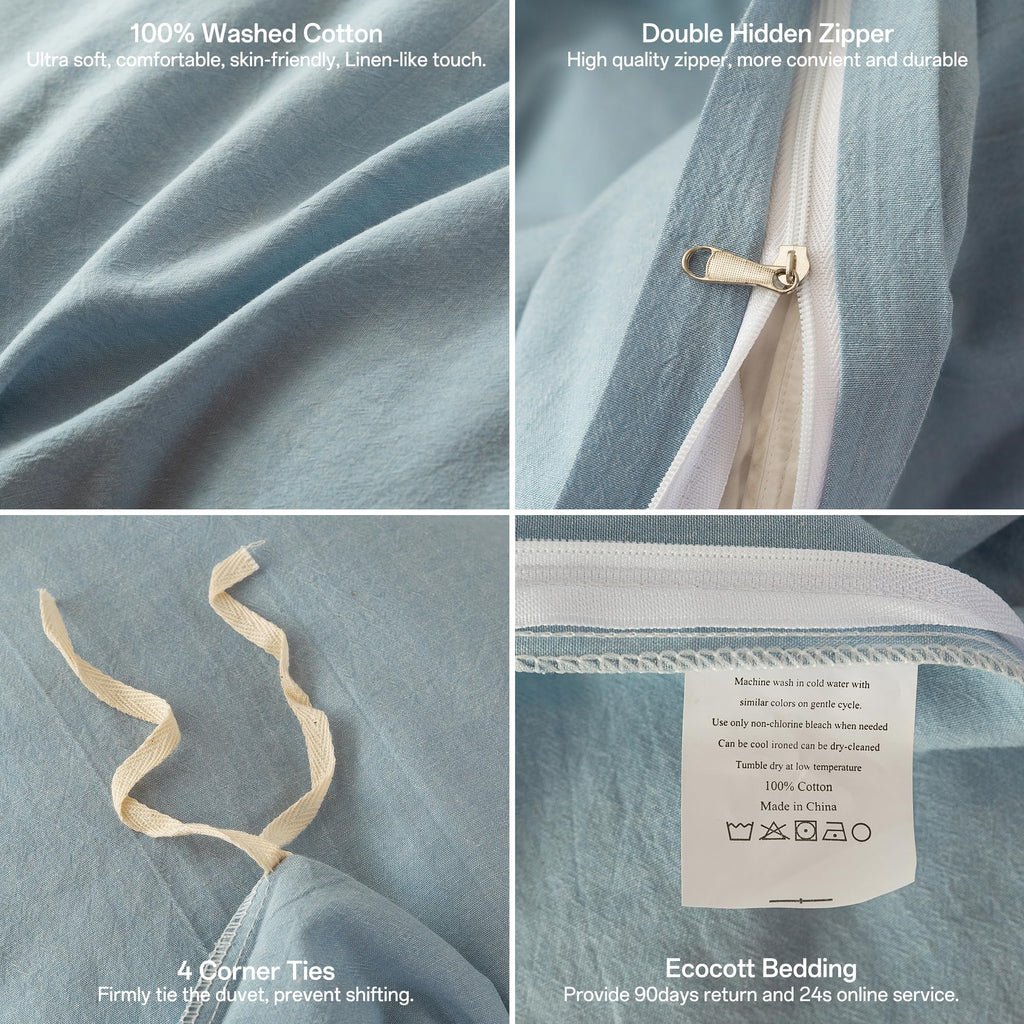 Cotton 3 Pcs Duvet Cover Set Linen Feel Haze Blue Queen