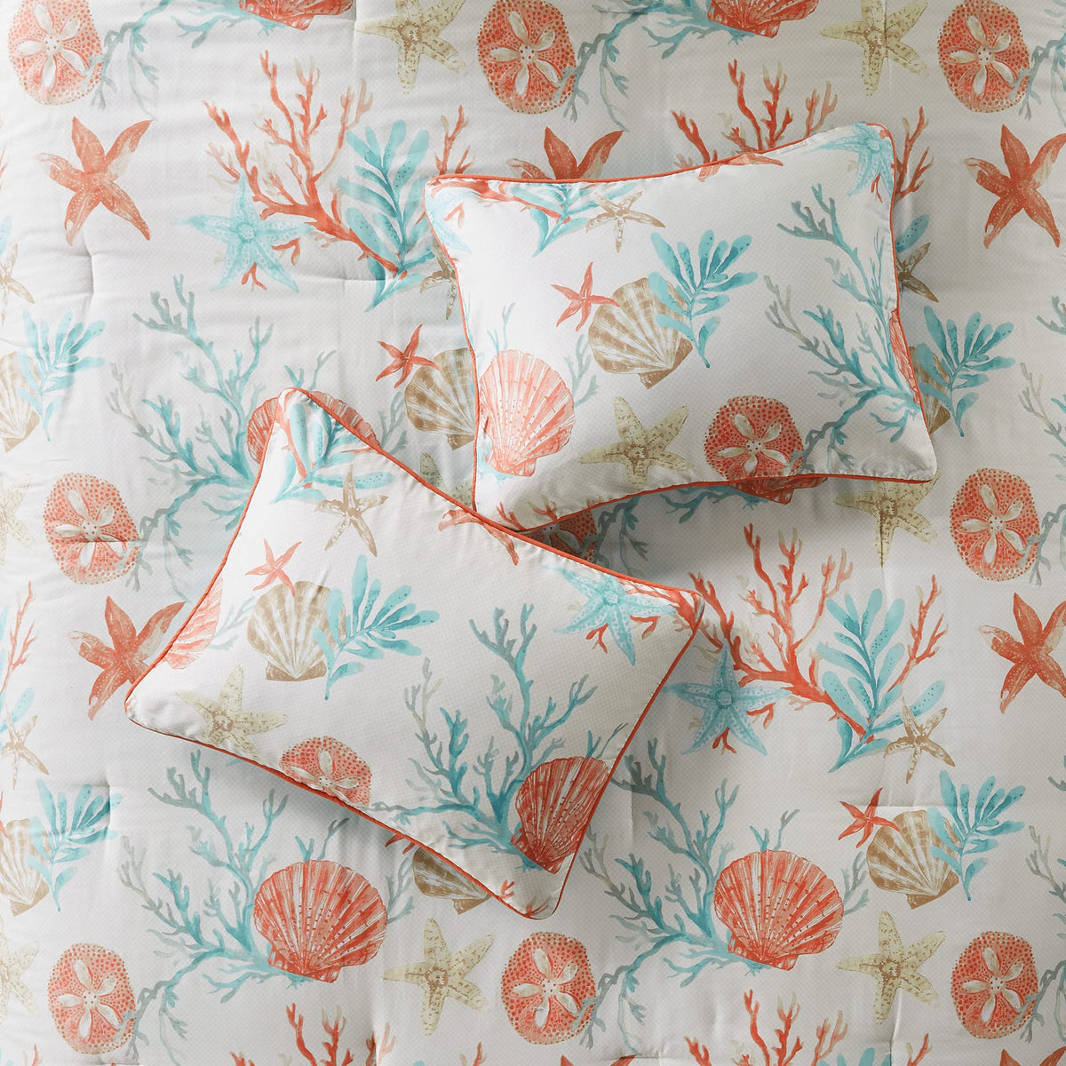 Cotton Coastal Starfish Coral Queen Comforter Set, 7pc