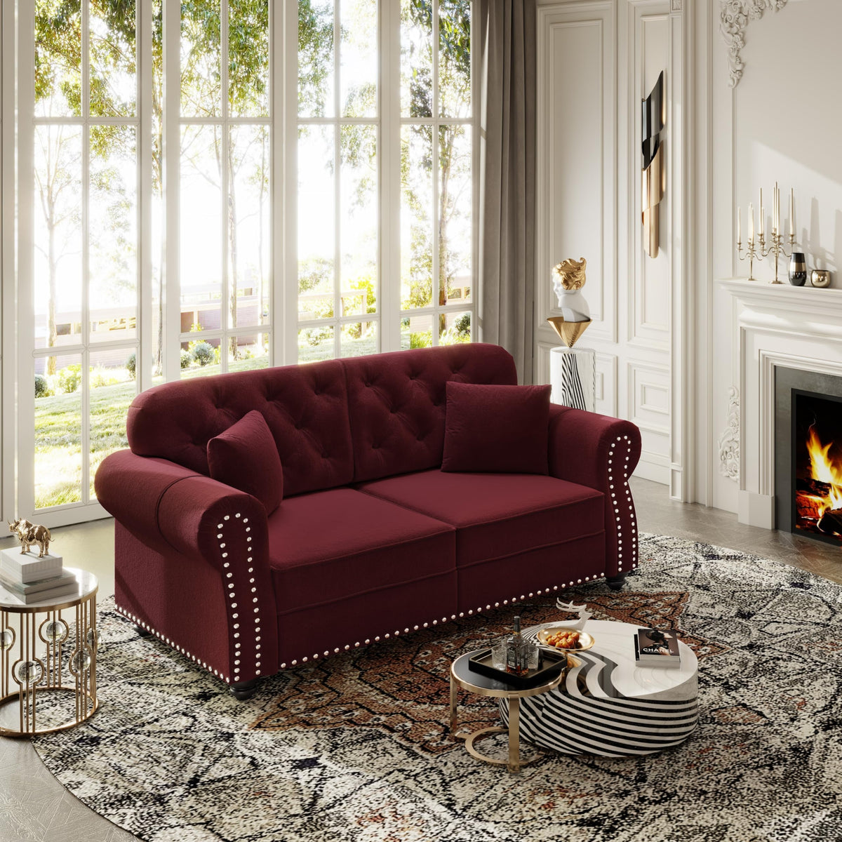 63" Velvet Chesterfield Sofa Couch with Rolled Arms & Nailhead Trim, 2-Seater Modern Upholstered Button Tufted