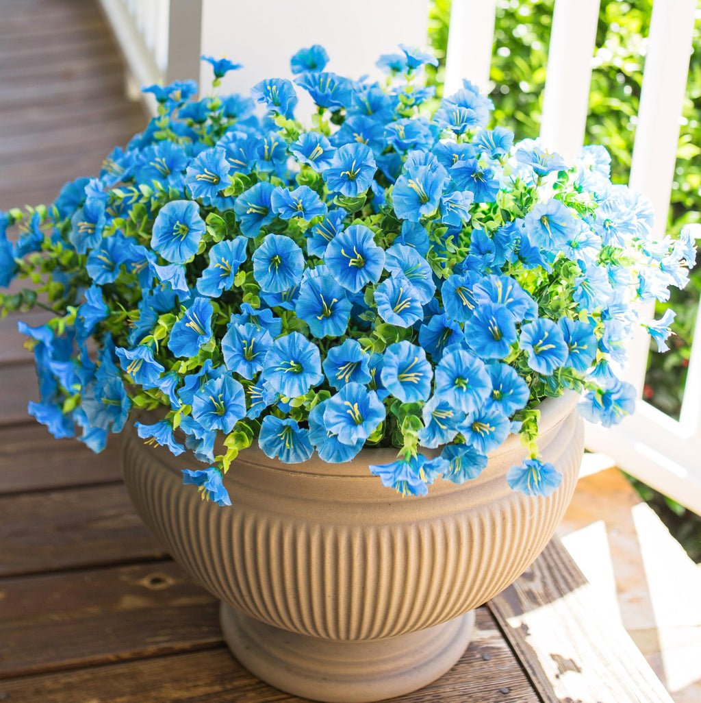 Artificial Fake Outdoor Flowers Plants for Spring Summer Decor, 12 Bundles Outside Silk Blue Morning Glory UV