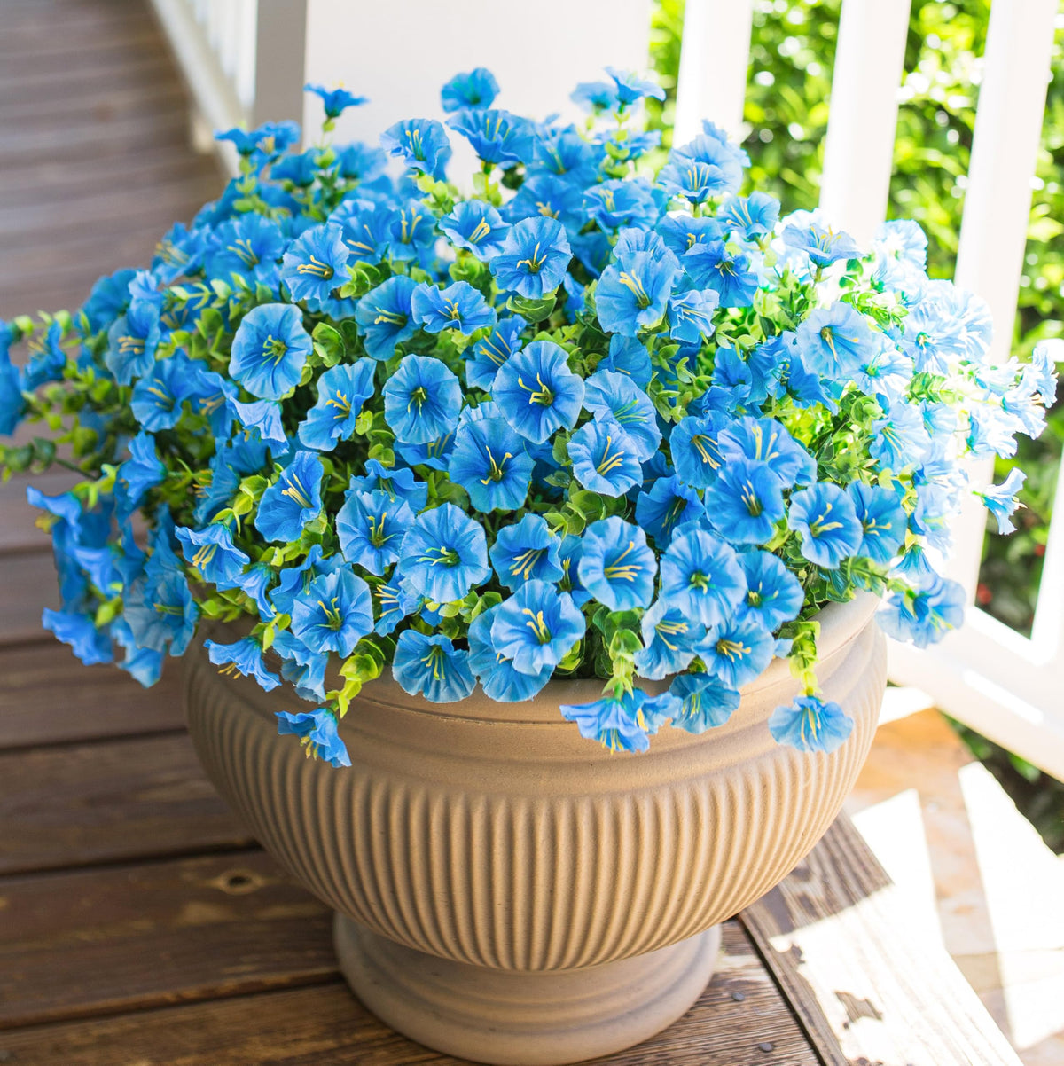 Artificial Fake Outdoor Flowers Plants for Spring Summer Decor, 12 Bundles Outside Silk Blue Morning Glory UV