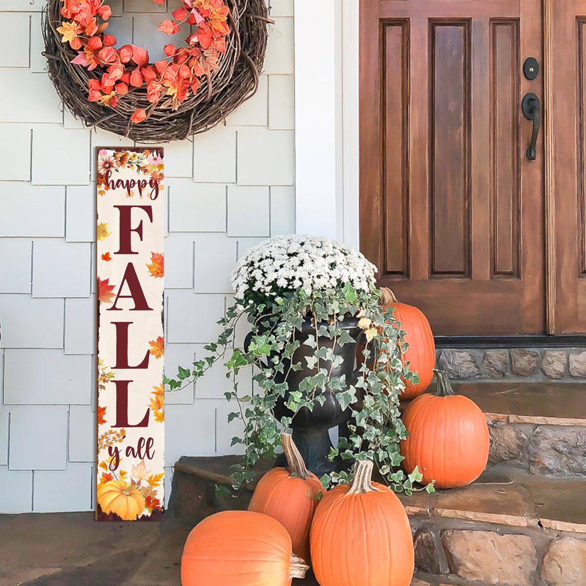 Happy Fall Y'all Porch Sign Retro Maple Leaf Pumpkin Design Front Door Hanging Decorations Indoor Outdoor Large