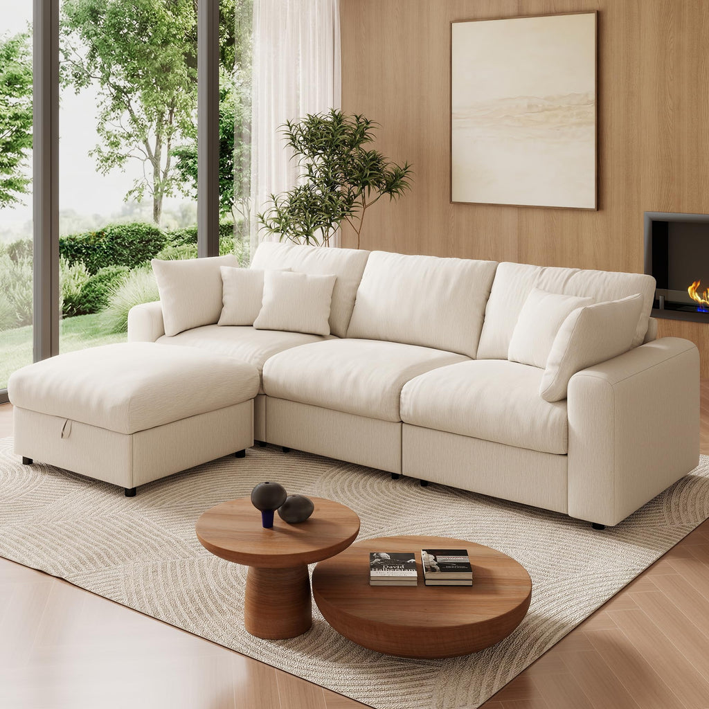 110" Cloud Sectional Couches, Modular Sectional Sofa with Deep Seat, Convertible L-Shape Couch with Storage Ottoman