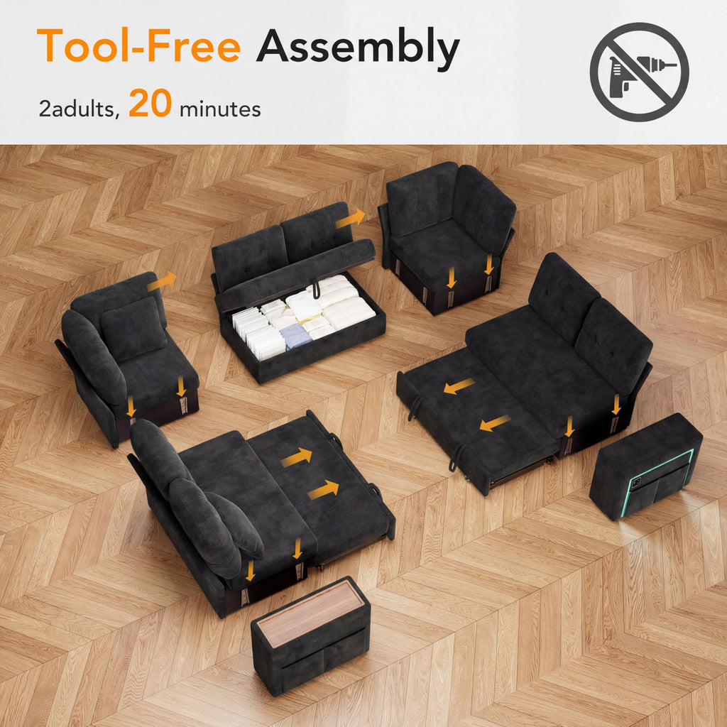 8 Seat Modular Sectional Sleeper Sofa with Pull Out Bed, U-Shaped Couch with Reclining Backrest, Lift Top Storage
