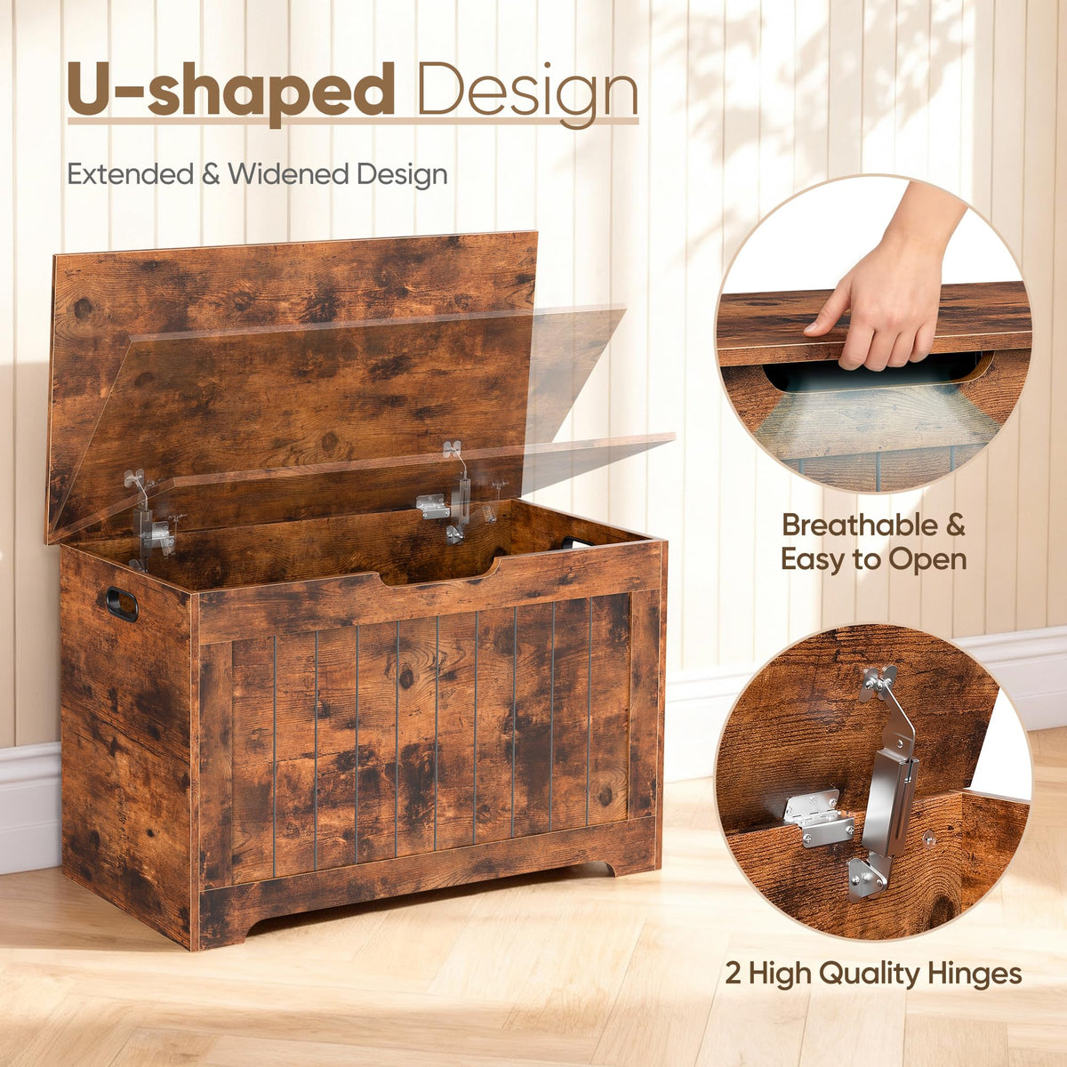 Storage Chest, Wooden Storage Bench with Flip-top Lid & Safety Hinge, Storing Trunk, Rustic Brown
