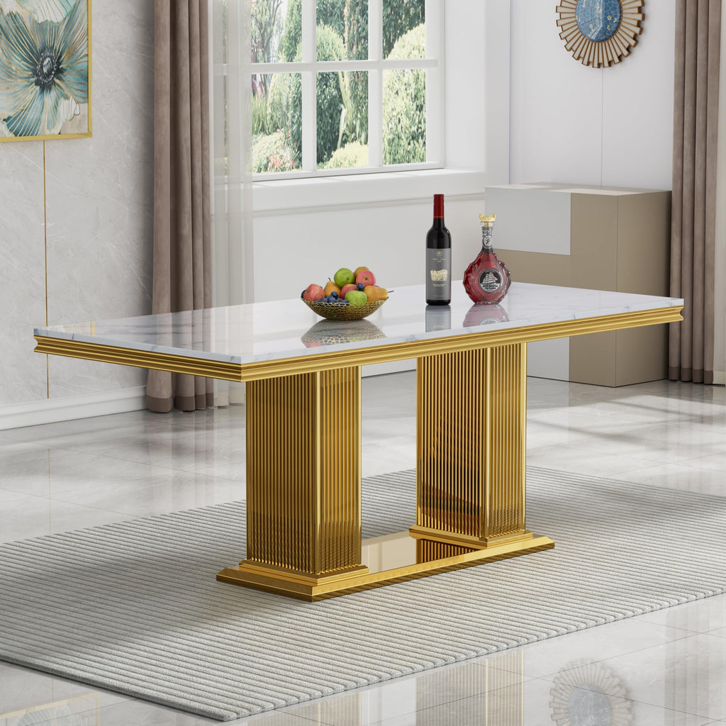 68 in Faux Marble Dining Table for 4-6, White Marble Dining Table with Gold Stainless Steel Base, Luxury Rectangular