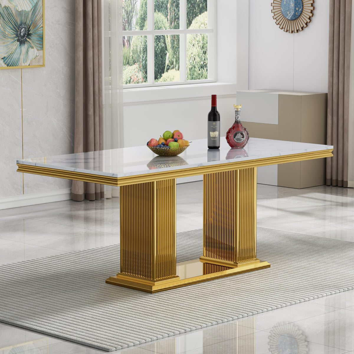 68 in Faux Marble Dining Table for 4-6, White Marble Dining Table with Gold Stainless Steel Base, Luxury Rectangular