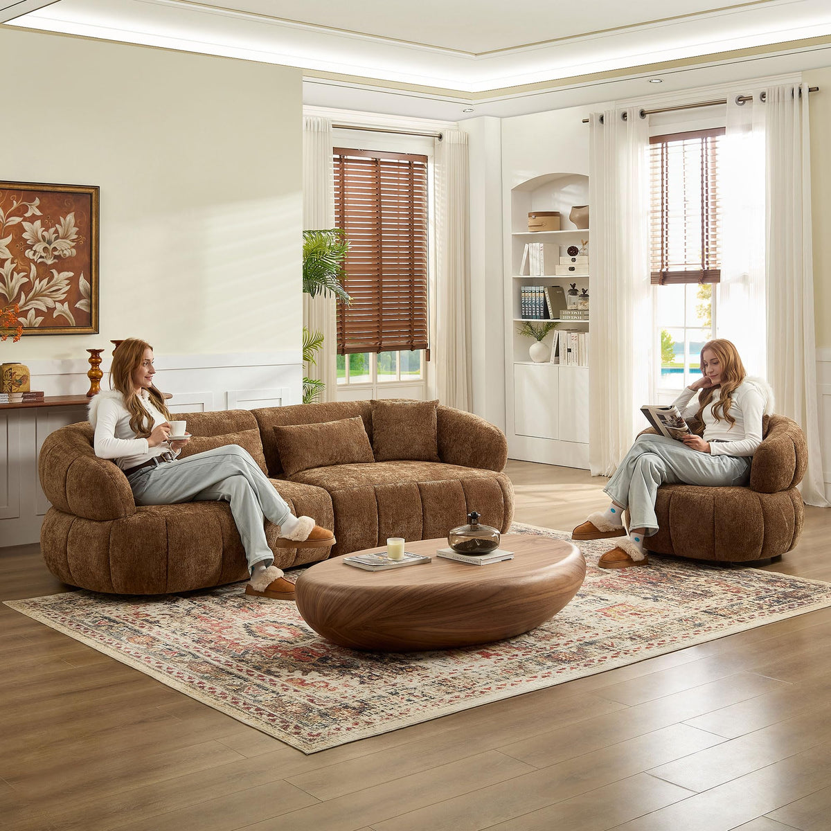 Curved Sectional Sofa, 103", 4-Seat, High-Density Foam, Sculptural, Brown