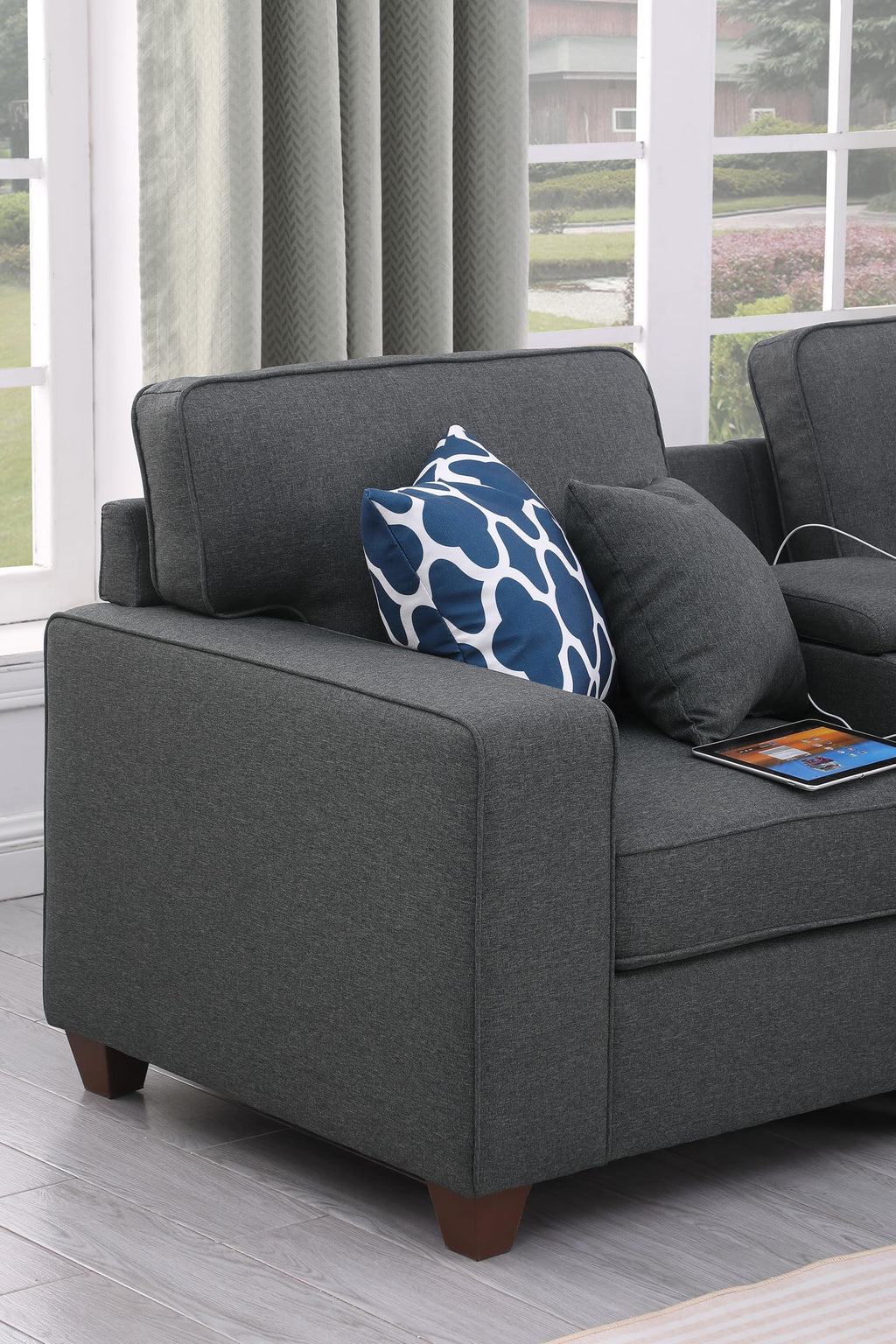 127" Modular Sectional Sofa with Movable Ottoman&Nailhead Trim Armrest, L-Shape Convertible Couch W/Cup Holder, USB