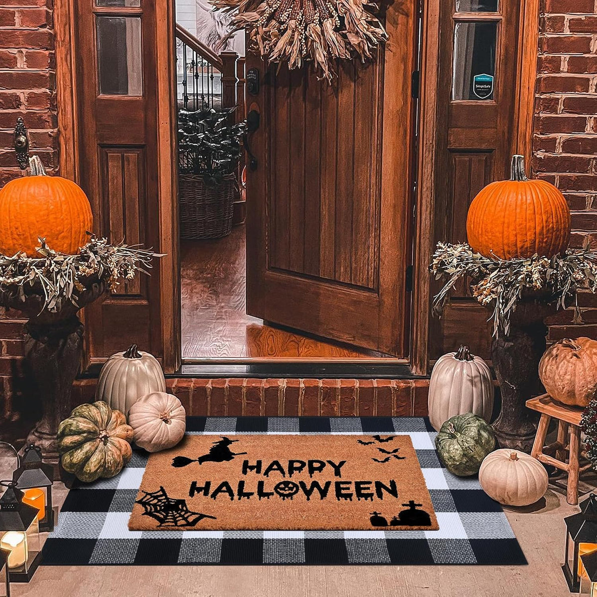 Halloween Decor Doormat Combo Set, 100 Percent Coco Coir Welcome Mat + 28X43 Inches Black and White Plaid Rug