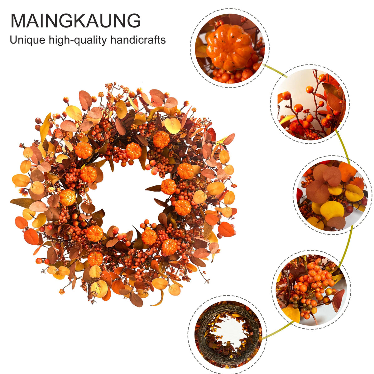 Fall Wreath 22 Inch Fall Wreaths for Front Door Autumn Pumpkin Wreaths with Orange Eucalyptus Leaves and Berries for