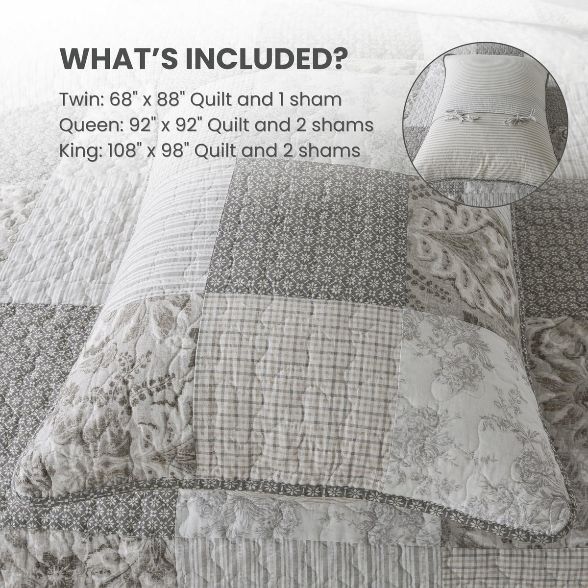 Silver Linings Patchwork Gray Cotton Quilt Set, with 1 Sham