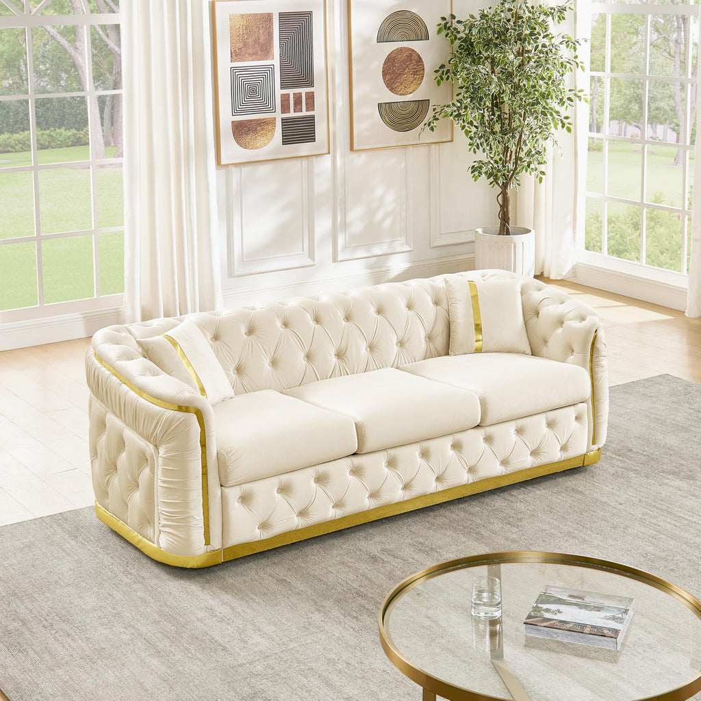 85" Luxury Oversized Chesterfield Sofa with 2 Pillow & Gold Stainless Decoration, Italian Modern Style 3-Seater