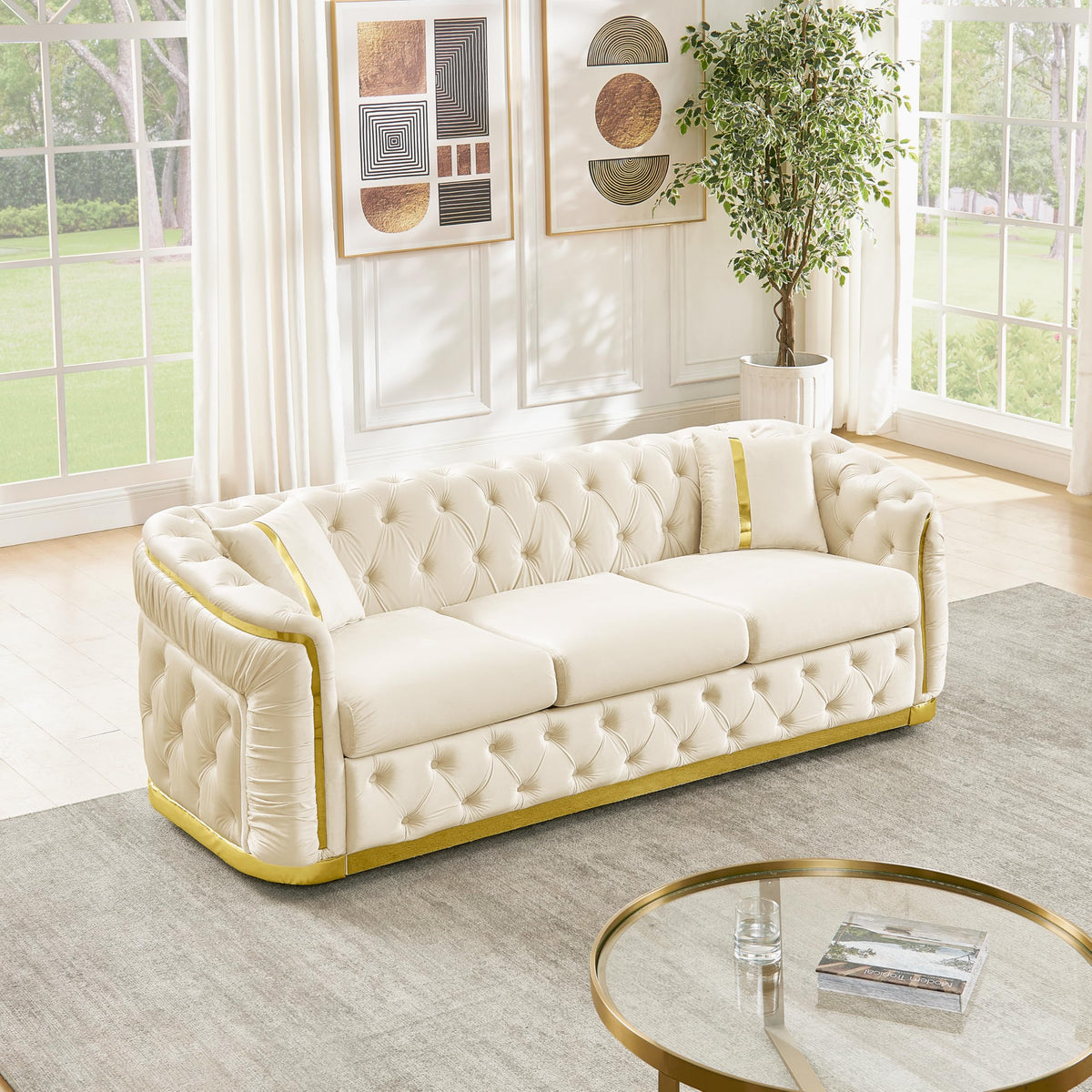 85" Luxury Oversized Chesterfield Sofa with 2 Pillow & Gold Stainless Decoration, Italian Modern Style 3-Seater