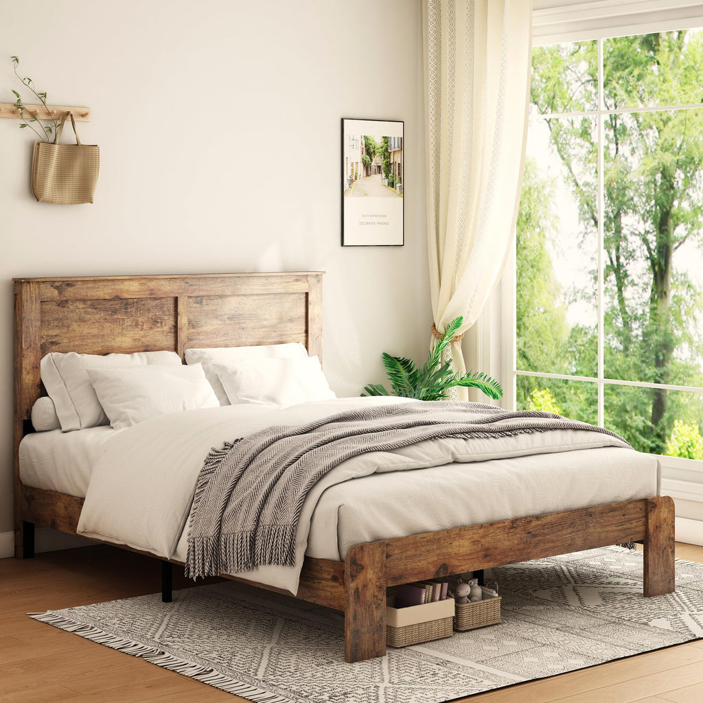 Rustic Vintage Bed Frame with Headboard, Wooden Platform Bed Frame with Wood Slats, Easy