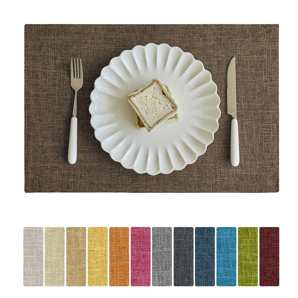 Faux Linen Cloth Placemats Set of 4-12 x 18 Inch, Brown