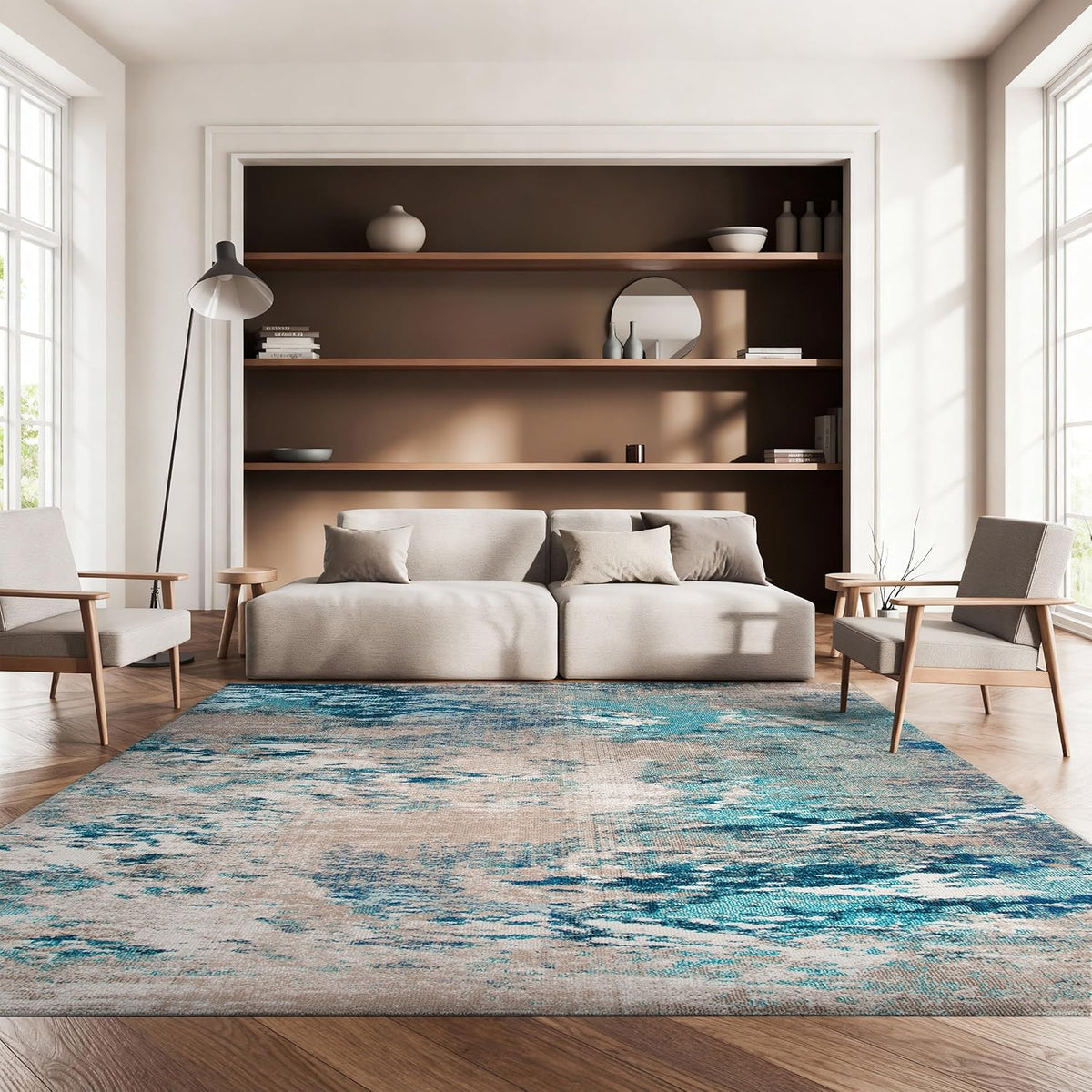 Madison Collection X-Large Area Rug, Blue & Grey, Modern Boho Abstract Design, Non-Shedding & Easy Care