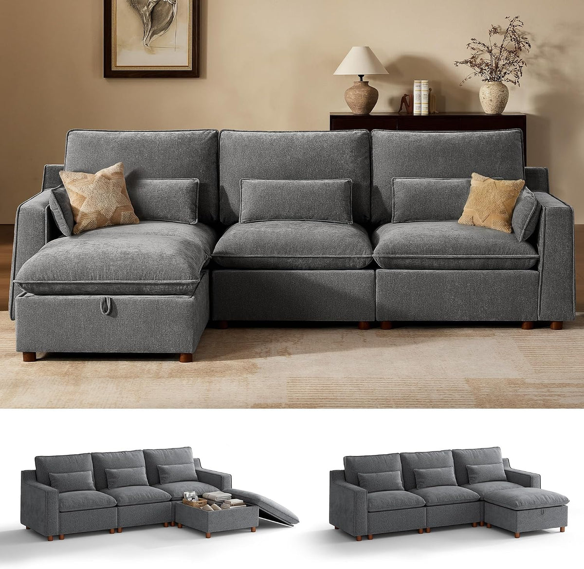 Modern Modular Sectional Sofa,103" L Shape Minimalist Couch with Storage Ottoman,Comfty 4 Seat Sofa ,Grey Chenille
