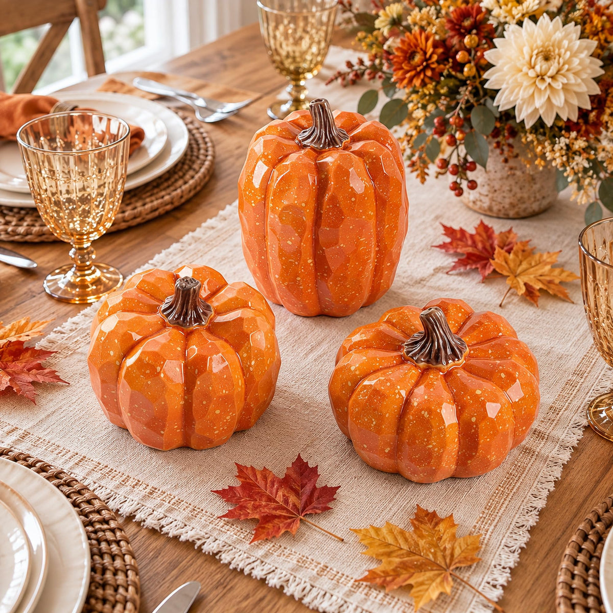 Artificial Pumpkins Decor Orange Pumpkin Fall Decoration, Set of 3