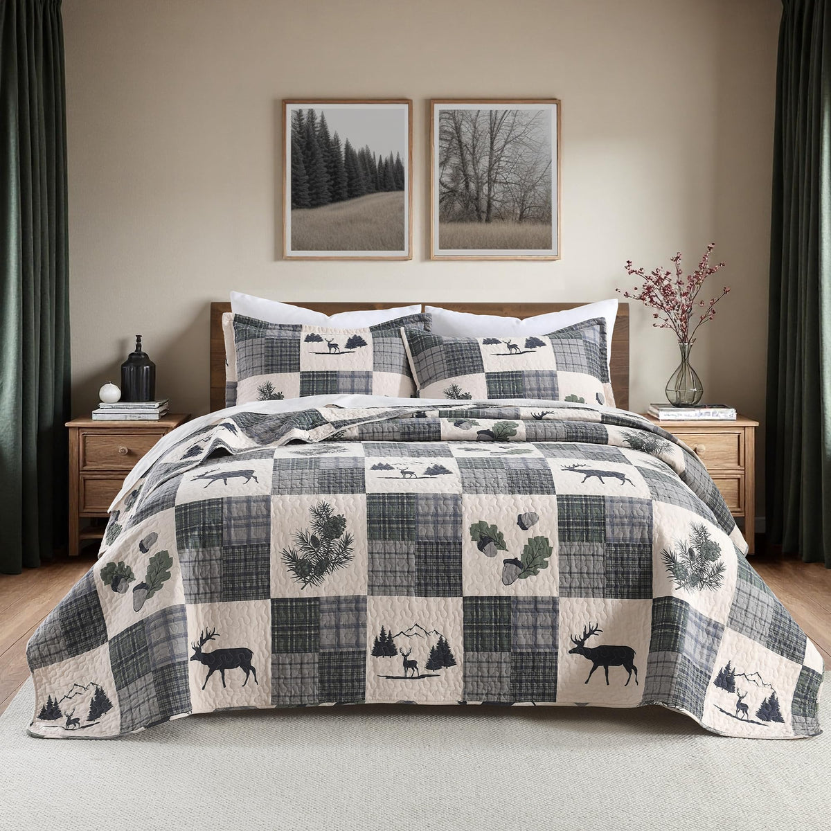 Cabin Quilt Set - 3-Piece Rustic Bedding Set - Lodge Deer Bedspread