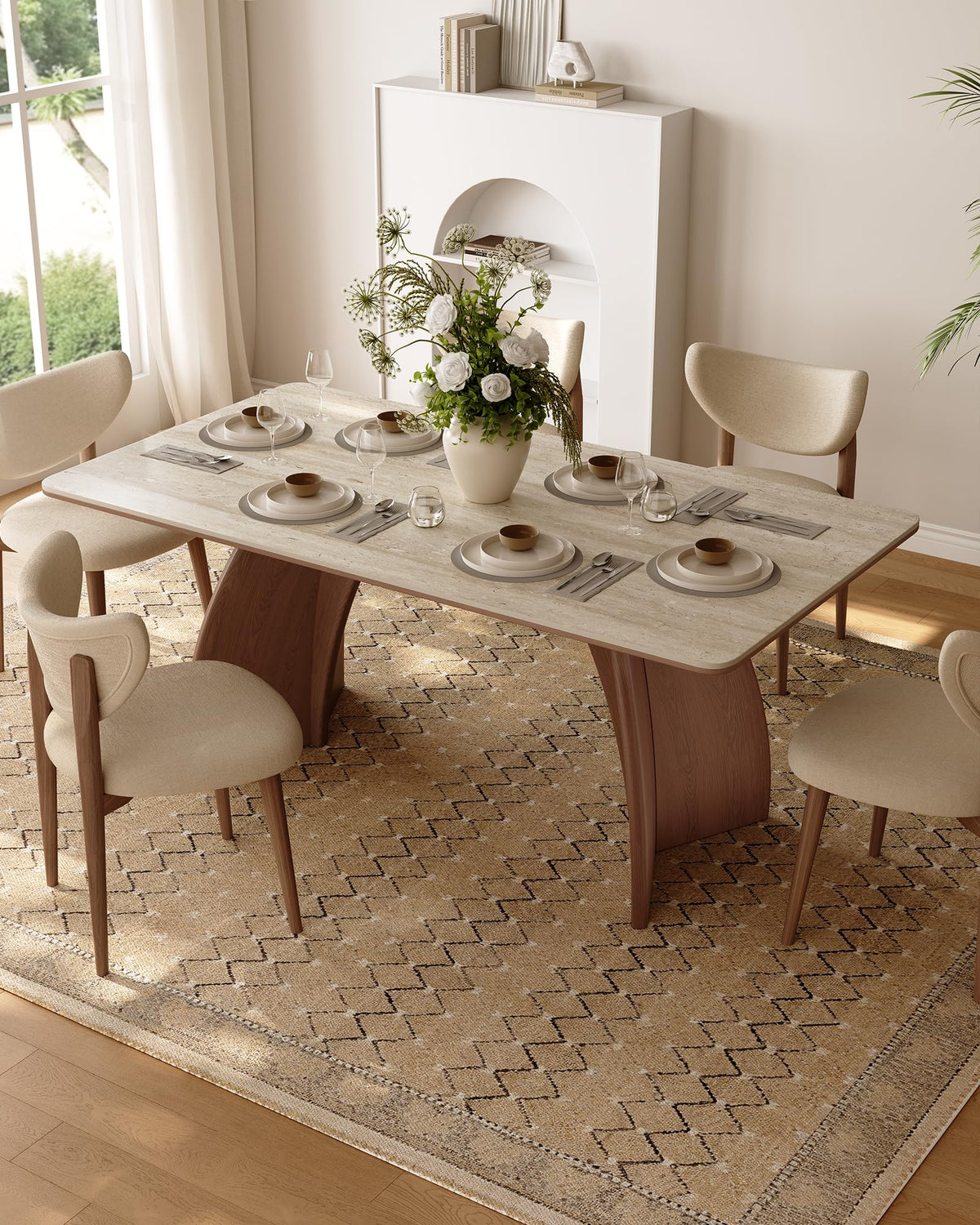 71" Sintered Stone Dining Table for 6, Rectangular Kitchen Table with Solid Wood Pedestal, Luxury Mid Century Modern