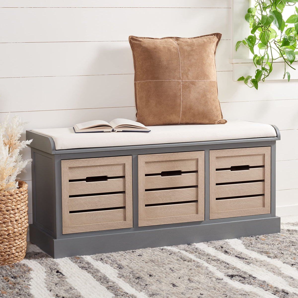 Collection - Briar 3-Drawer Upholstered Storage Bench, Farmhouse Entryway Accent Bench with Cushion Top