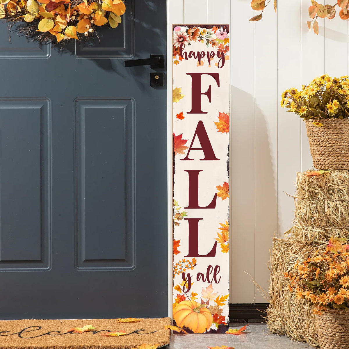 Happy Fall Y'all Porch Sign Retro Maple Leaf Pumpkin Design Front Door Hanging Decorations Indoor Outdoor Large