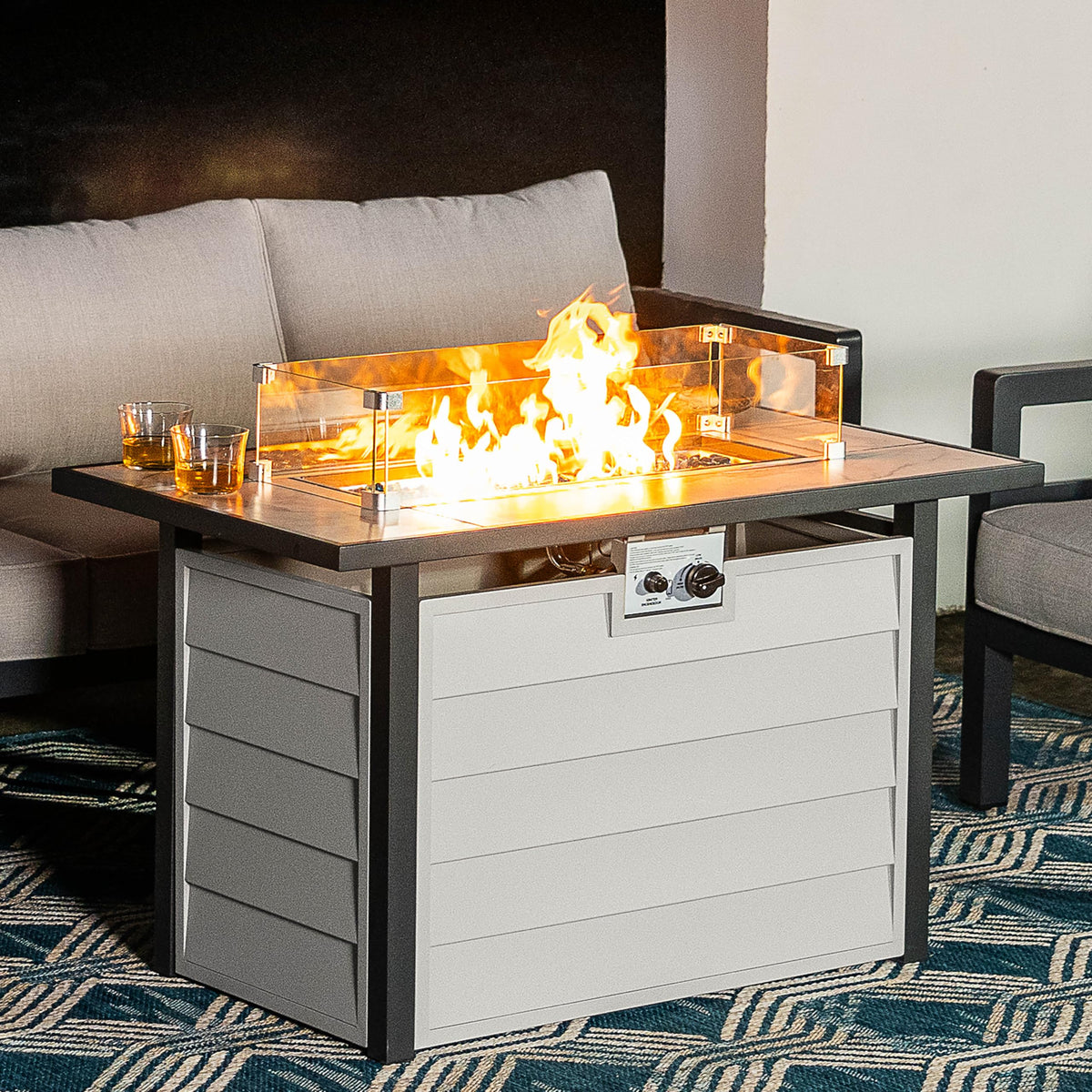 43'' Patio Propane Fire Pit Table, 50, 000 BTU Gas Fire Pit with Marble-Textured Glass Top, Wind Guard, Lid, Glass