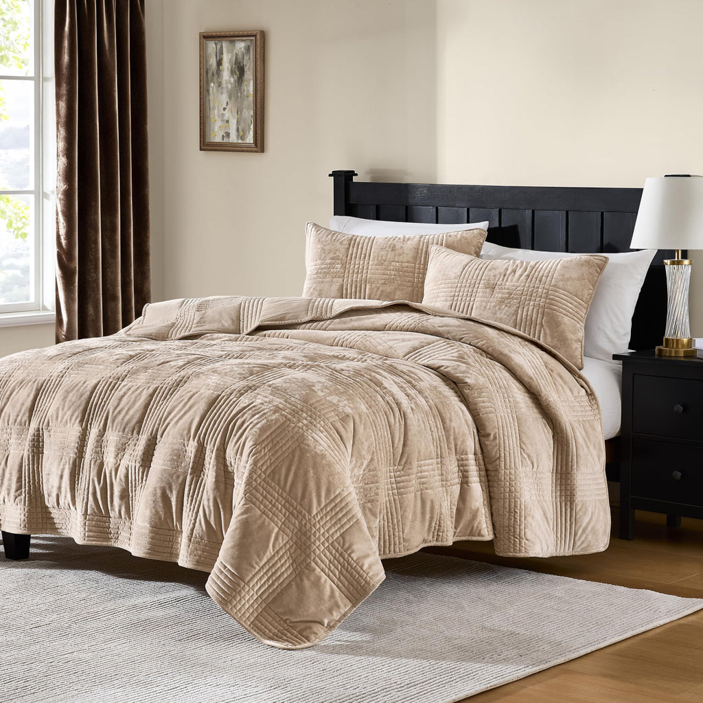 Velvet Quilt Set, Beige Khaki Tan Taupe Camel, 3 Pieces