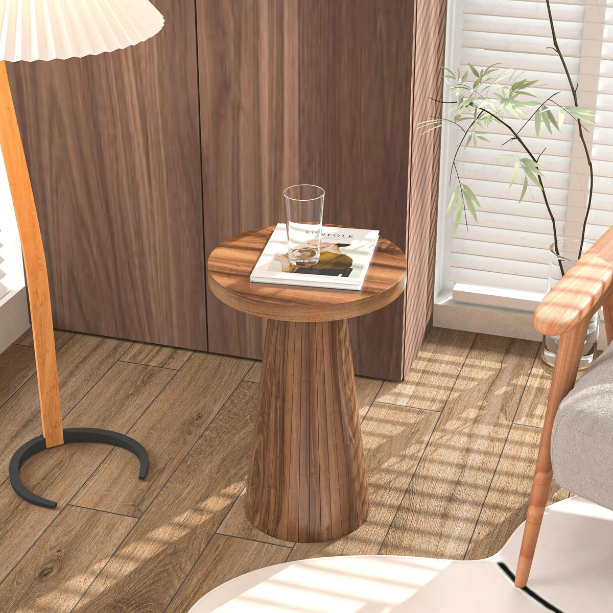 Inspired Saarinen Style Small Round Pedestal Side Table, Wooden, Fluted Drink Table for Small Space, Modern Plant Stand Accent Table for