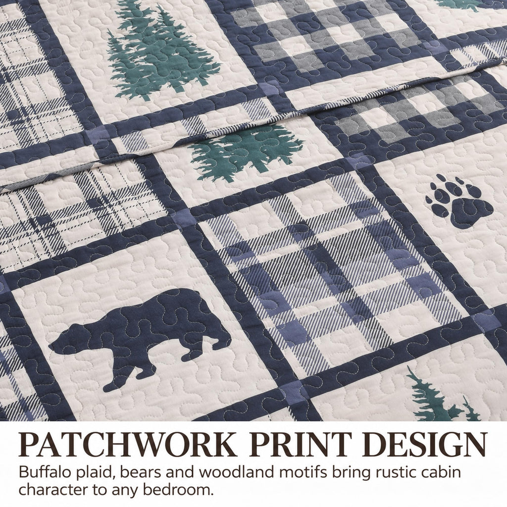 Bear Patchwork Quilt Set - Rustic Cabin Bedding Navy 3 Pieces