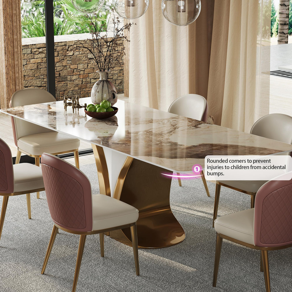 79'' Rectangular Dining Table for 8-10 People, Modern Sintered Stone Kitchen Table Top with Gold Metal Legs, Luxury