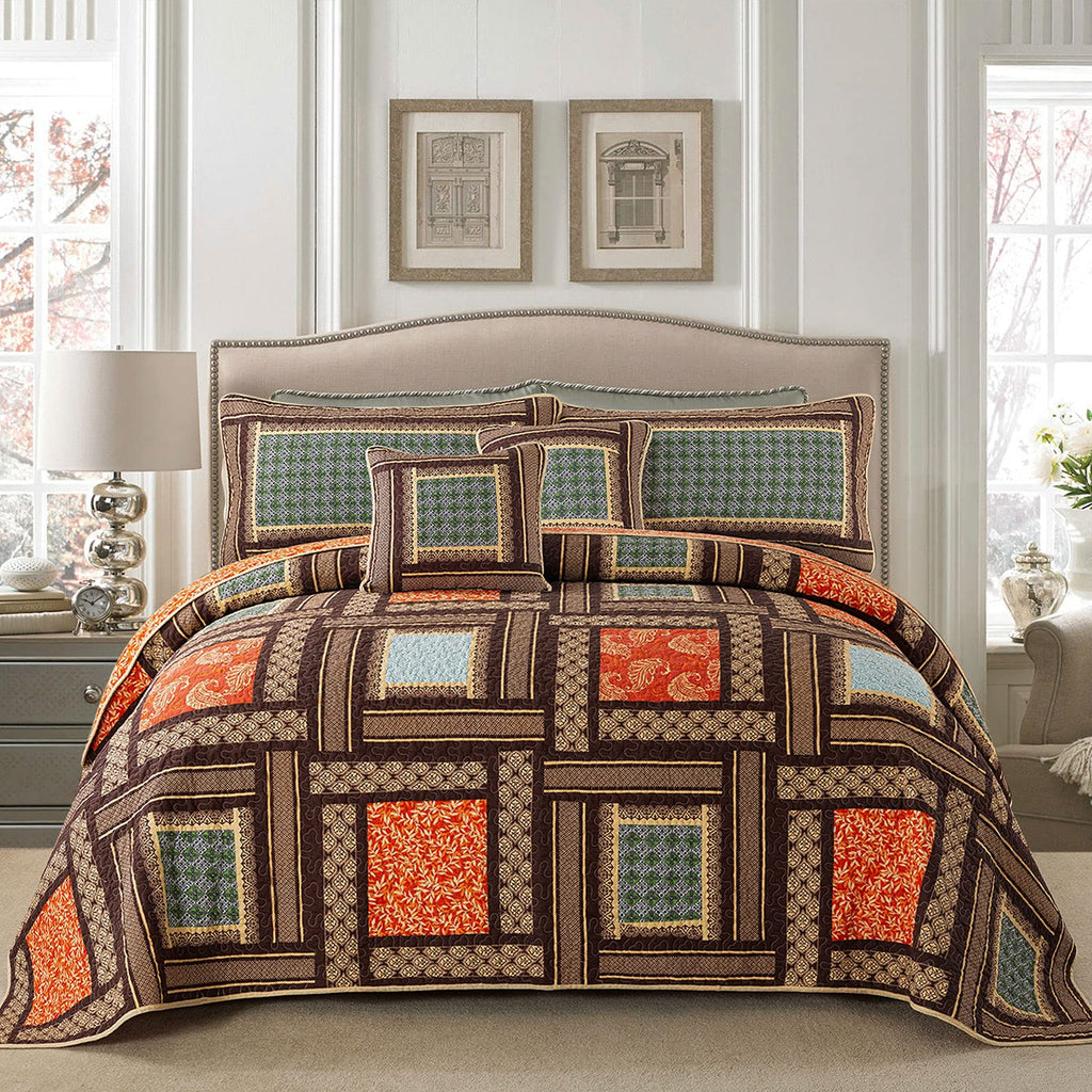 Cotton Patchwork Bedspread, 3-Piece Bedding Quilt Set with Real Stitched Embroidery, Reversible Matelasse Bed