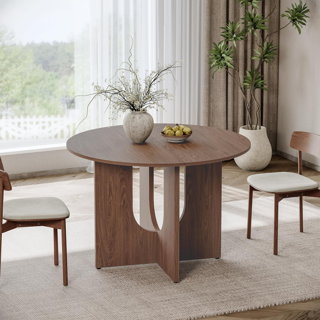 Inspired Saarinen Style Round Dining Table for 4, 43" Mid Century Kitchen Table with Sculptural U-Shaped Pedestal Base, Walnut Dinner Table