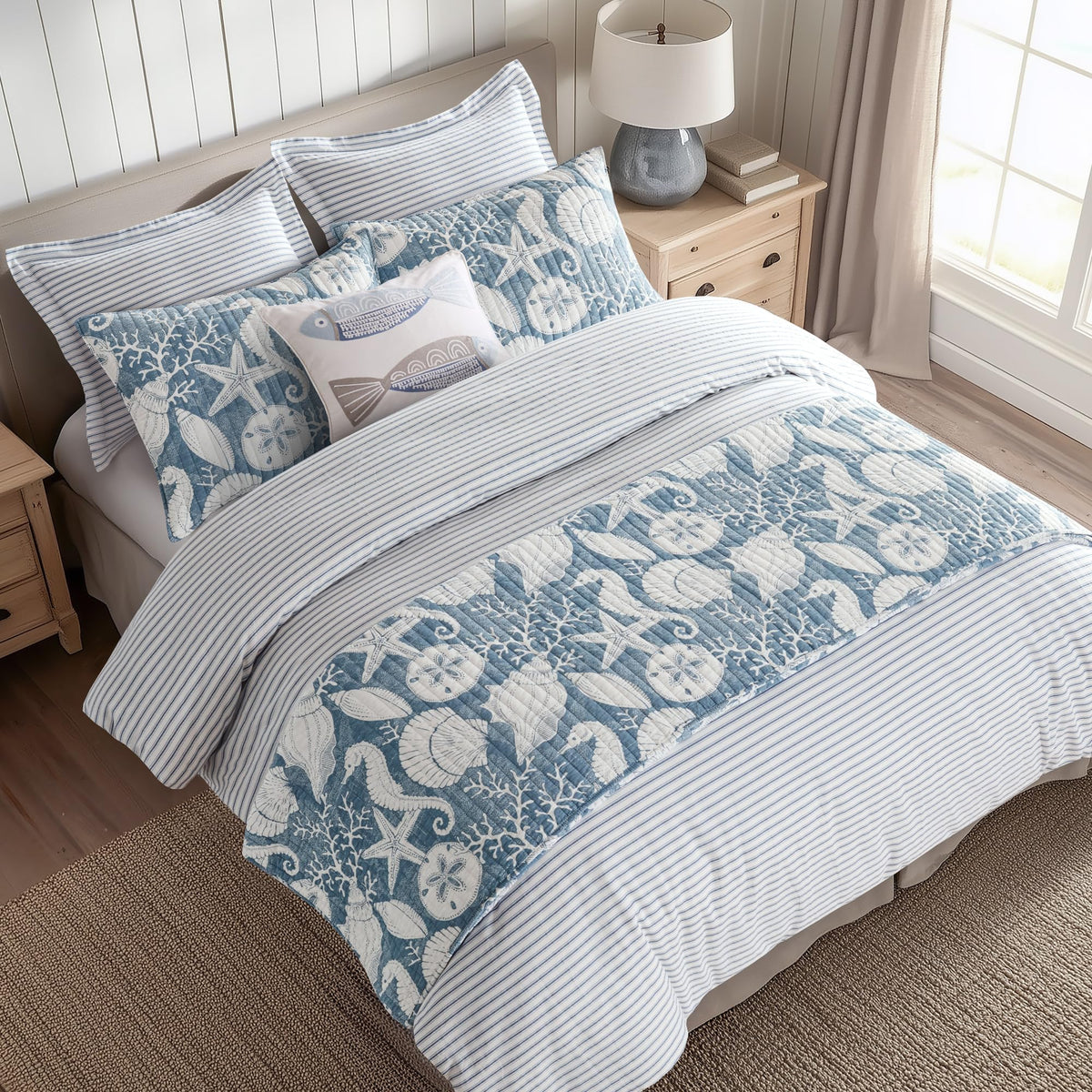 Tobago Stripe Blue Reversible Duvet Cover Set (90x94in) with 2 Pillowcases (26x20in) - Striped - Blue, White