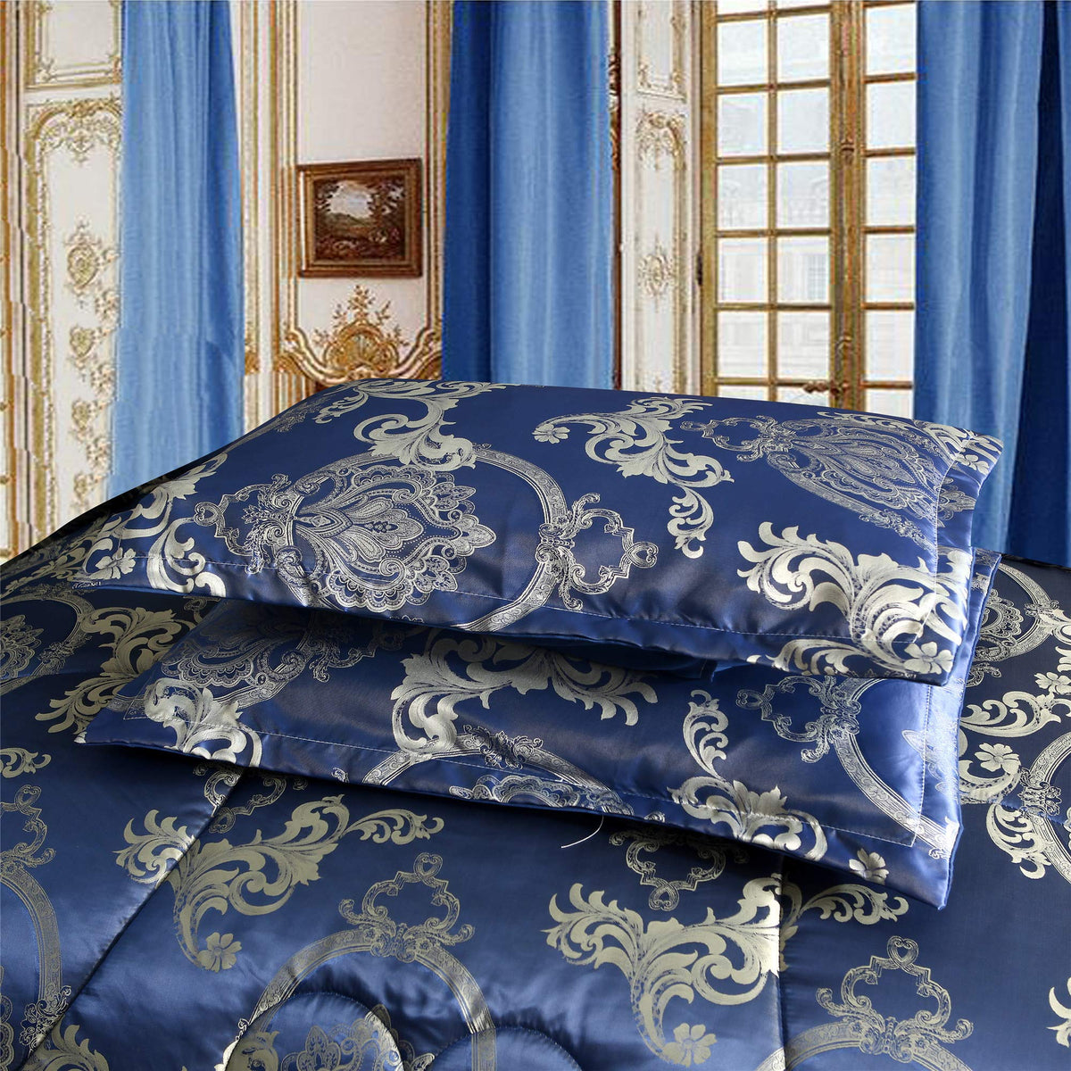 Comforter Set Silk Blanket All Season Bed Comforter Set Royal Blue Jacquard Quilt Soft Microfiber Bedding