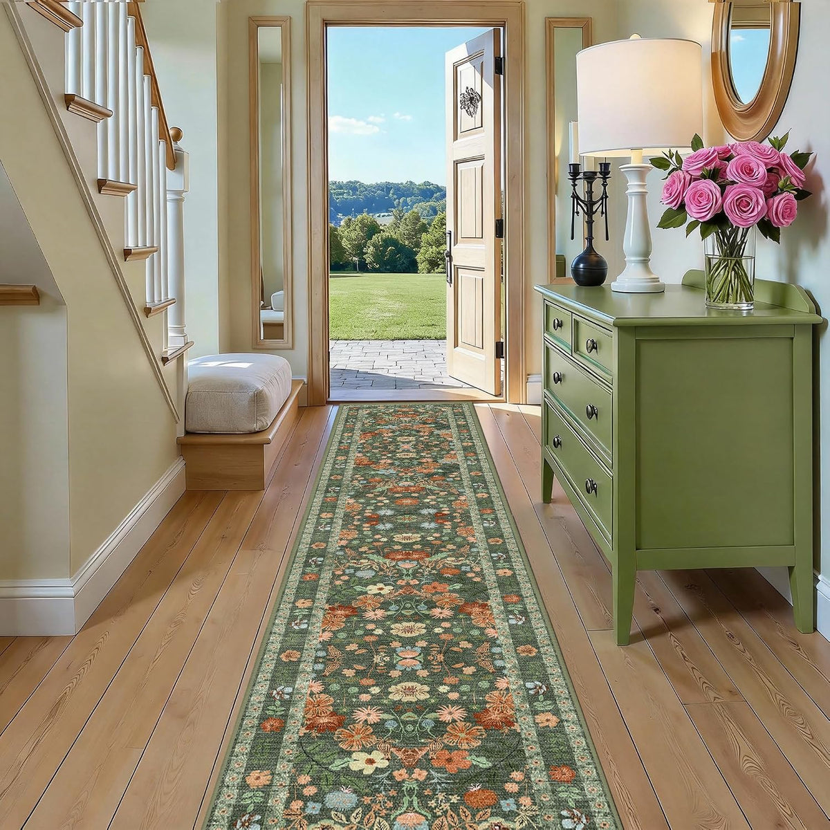 2x10 Extra Long Hallway Runner - Green Boho Washable Rug with Non-Slip Backing, Vintage Floral Low Pile Carpet