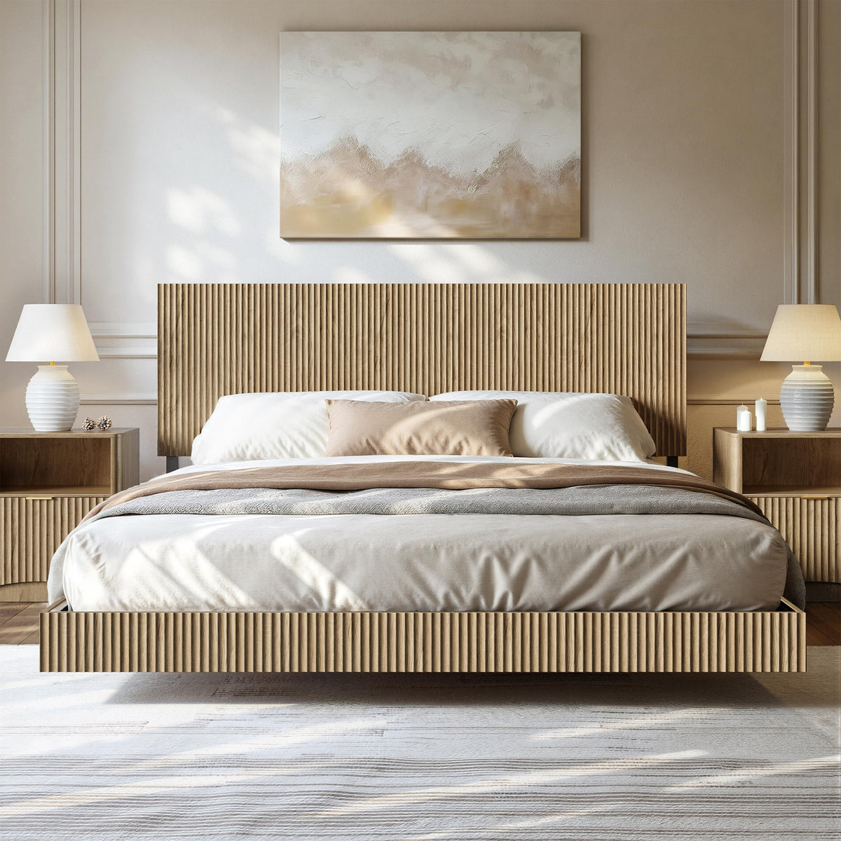Oak King Floating Bed Frame with Headboard & Charging Station