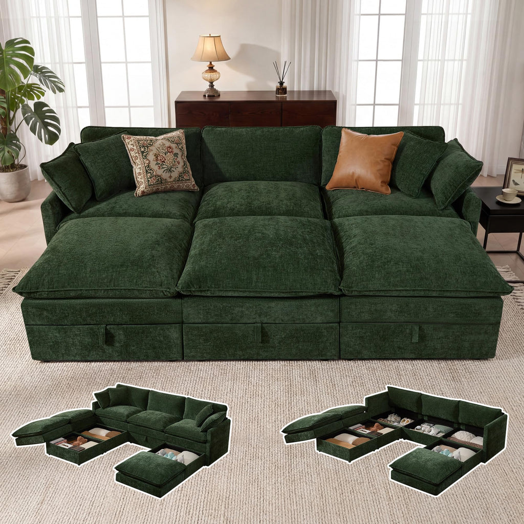 Modular Sofa Couch with Storage, 103" U-Shape Sectional Cloud Couch, Oversized Deep Seat Comfy Fabric Couch (Green