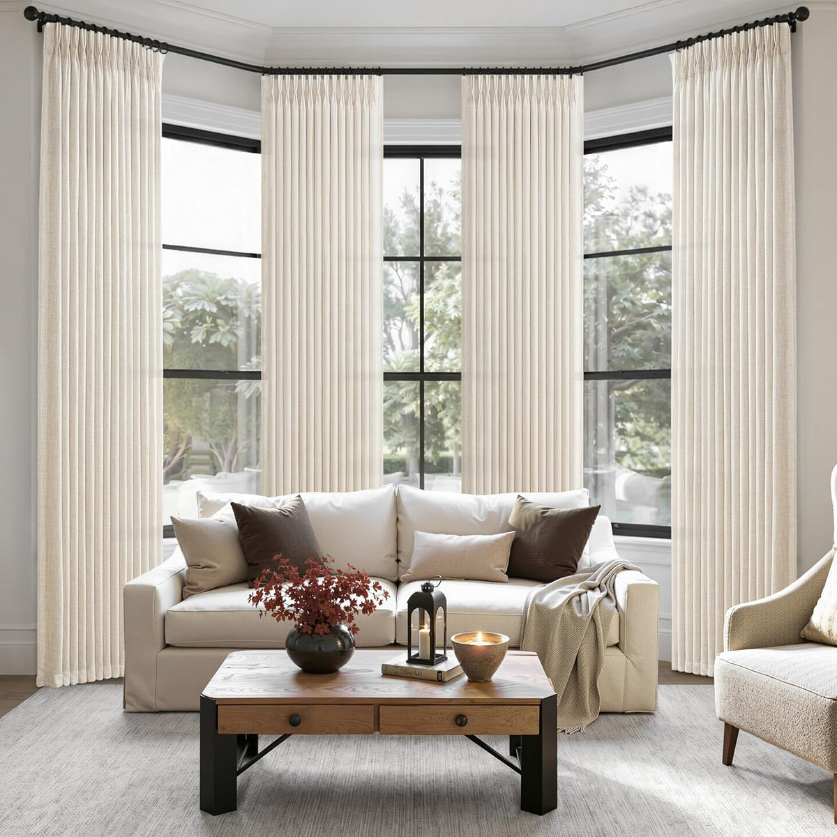 Pinch Pleated Linen Viral Curtains 4 Panels Set for Living Room, Birch Memory Trained Pleat Light