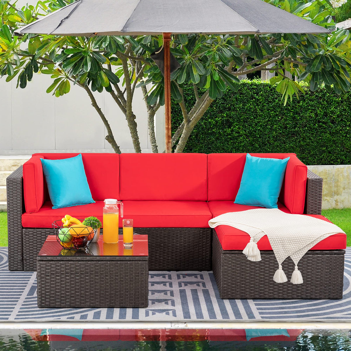 5 Pieces Patio Furniture Sets Outdoor All-Weather Sectional Patio Sofa Set PE Rattan Manual Weaving Wicker Patio