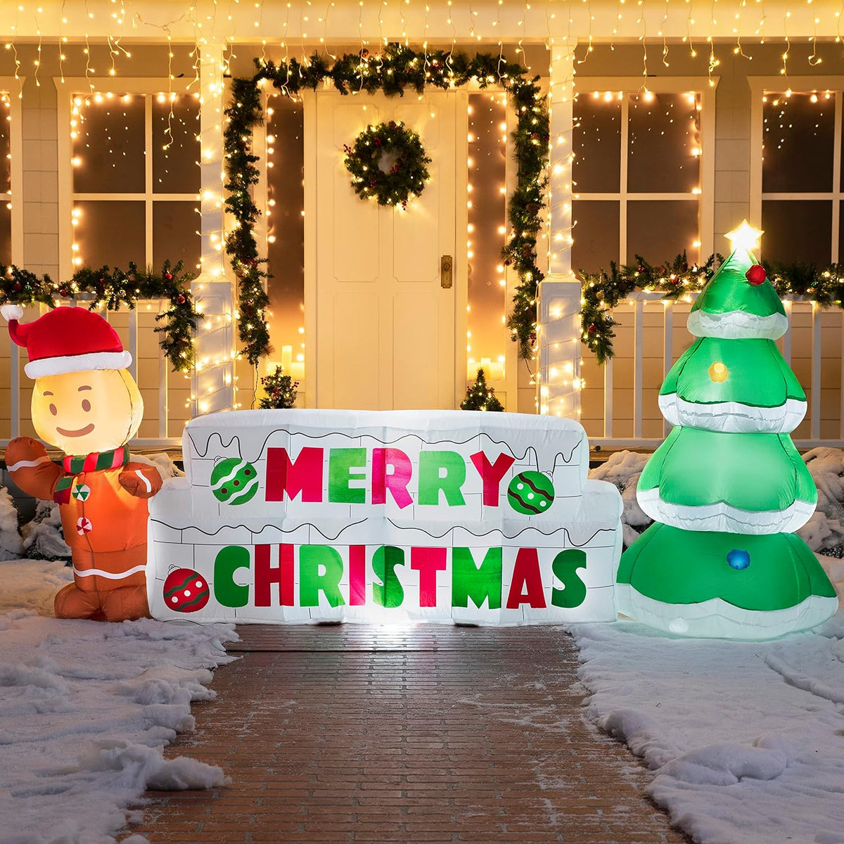 10 FT Christmas Inflatable Gingerbread Man & Christmas Tree, Holiday Inflatable Outdoor Decoration with Build-in LEDs