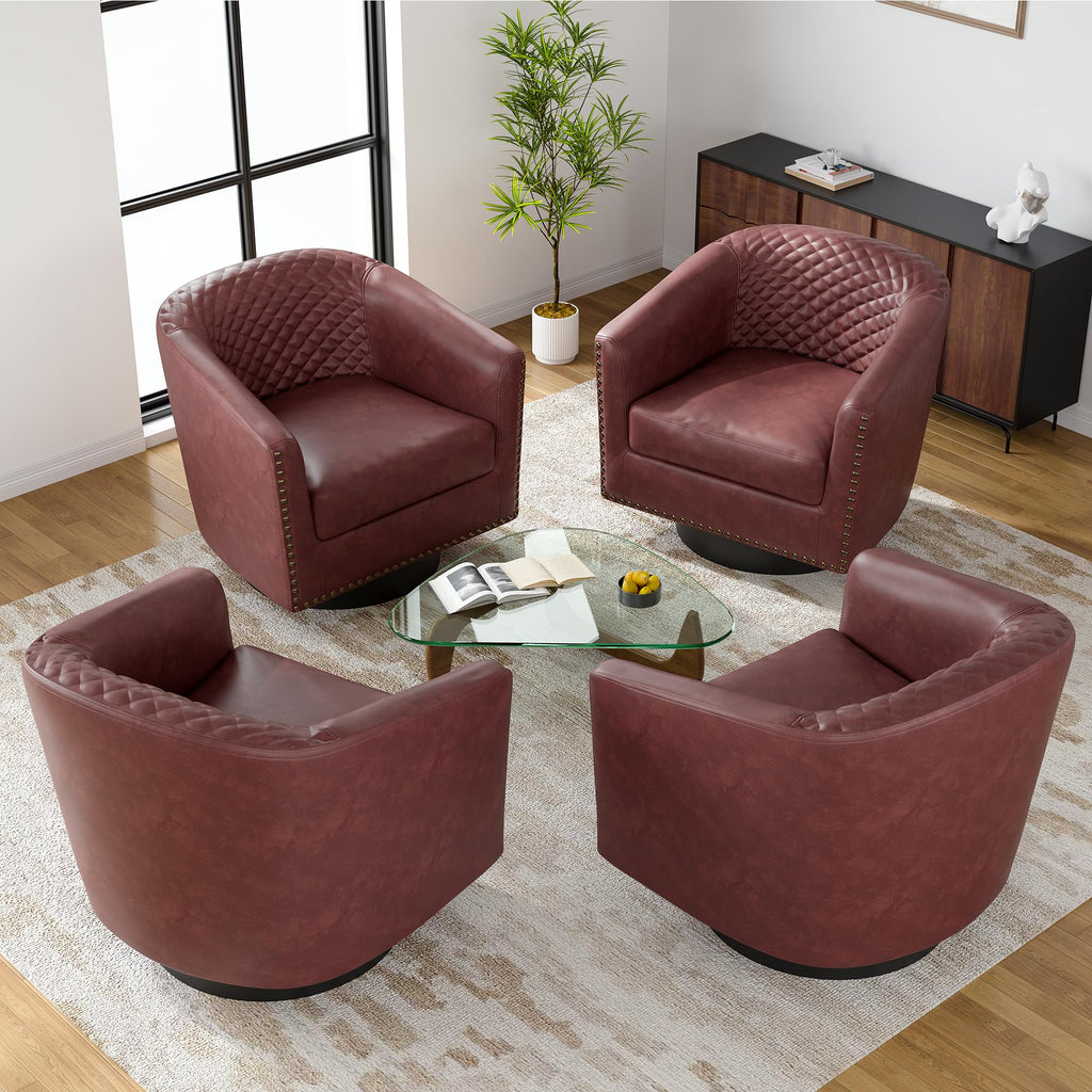 PU Leather Swivel Accent Chairs Set of 4, Barrel Club Chair, Red Brown