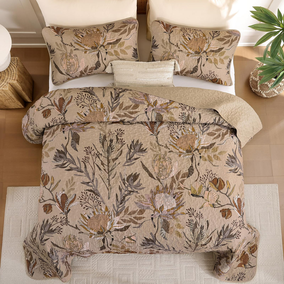 Fall Quilt Queen Size Brown, 3 Pcs Floral Bedspread Bedding Set