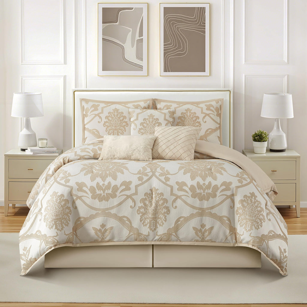 7 Piece Gold Comforter Set, Elegant Floral King Size Bedding, Jacquard with Matching Solid Microfiber Piece Work, All